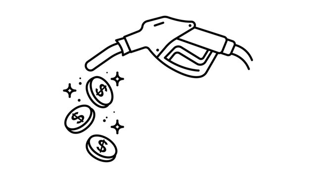 Gas Fees and Fuel Price Concept: A Minimalist Black Line Vector Icon Illustration of a Fuel Pump Nozzle with Falling Dollar Coins, Featuring an Editable Stroke for Customization on White.