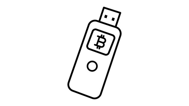 Hardware Wallet Vector Icon Illustration with Editable Stroke. Minimalist Black Line Art Representing a Small USB Device for Secure Bitcoin and Cryptocurrency Storage on White Background.