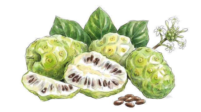 Hand drawn watercolor collection of noni fruit with green leaves and buds.