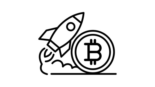 Bitcoin Rocket Launch Editable Stroke Vector Icon. Minimalist black line illustration of a cryptocurrency coin and a spaceship taking off, symbolizing ICO, growth, and digital finance success.