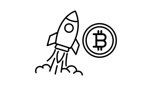 Bitcoin Rocket Launch Vector Icon with Editable Stroke. Minimalist black line illustration representing Initial Coin Offering (ICO), cryptocurrency growth, and financial success on white.