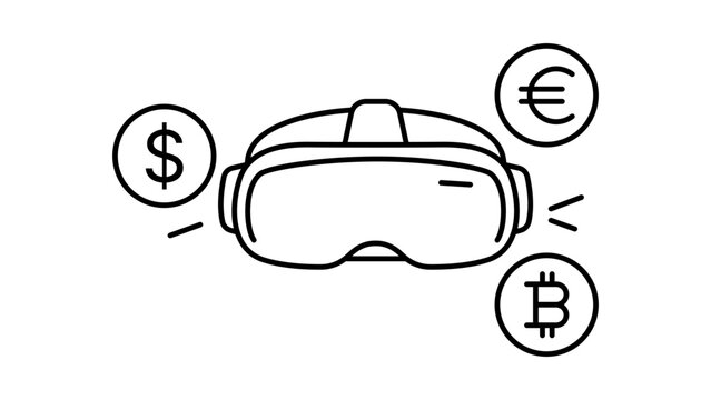 Metaverse Economy and Virtual Reality Commerce Concept: Minimalist Black Line Vector Icon of a VR Headset with Dollar, Euro, and Bitcoin Symbols, Editable Stroke Illustration for Digital Finance.