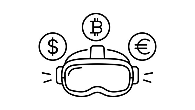 Metaverse Economy Vector Icon with VR Headset and Currency Symbols like Bitcoin, Dollar, and Euro. Minimalist Black Line Illustration with Editable Stroke for Digital Finance and Fintech.