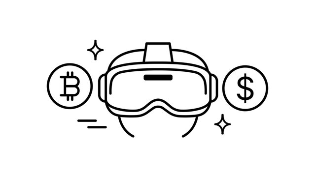 Metaverse Economy and Virtual Reality Finance Vector Icon featuring VR Headset, Bitcoin, and Dollar Sign. Minimalist Black Line Illustration with Editable Stroke for Digital Currency and Web3.