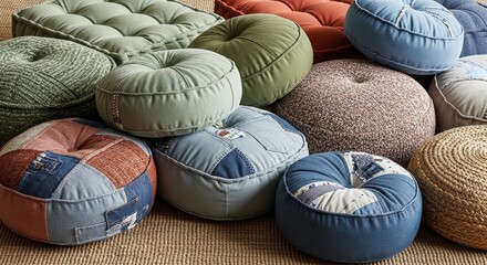 Fototapeta premium A collection of deeply comfortable floor cushions in various sizes and textured fabrics for home relaxation and cozy living spaces