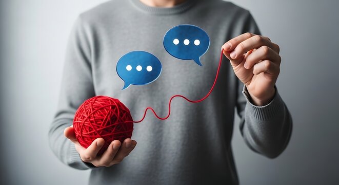 Casual man holds a red yarn ball connecting floating blue speech bubbles, symbolizing managed communication and unraveling complex discussions