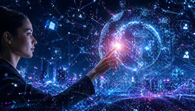 Businesswoman touching a glowing holographic Earth with data connections, representing global networks, artificial intelligence, and advanced digital communication systems.