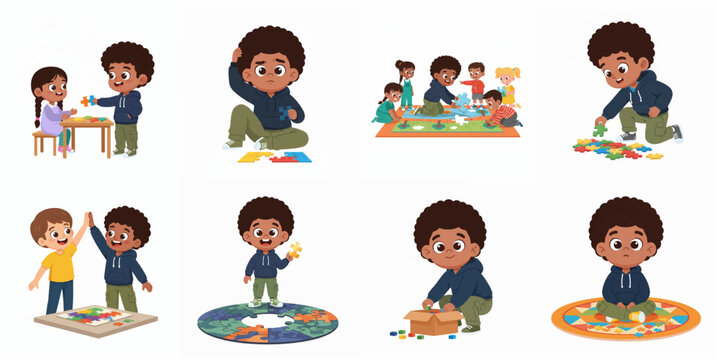 Diverse children and African American boy playing and solving jigsaw puzzles set