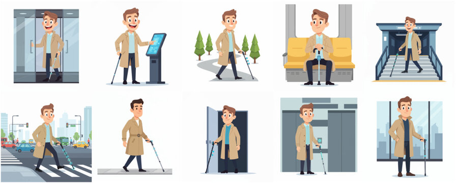 Cartoon set of a blind man using a smart cane for navigation in various city locations, highlighting accessibility and assistive technology for the visually impaired.