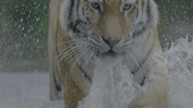 Siberian tiger running through water toward camera, low angle direct face view with splashing action in taiga wilderness
