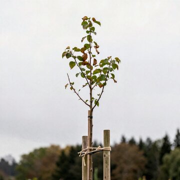 Young deciduous tree supported by wooden stakes for stability against gray sky background for professional landscaping and arboriculture services