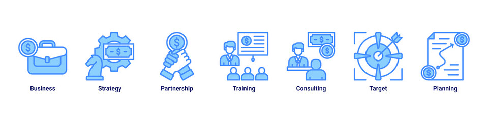 Fototapeta premium Business Strategy banner with business,strategy,partnership,training,consulting,target and planning icons for corporate development concept
