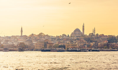 Naklejka premium panorama of suleymaniye mosque and istanbul skyline from golden horn