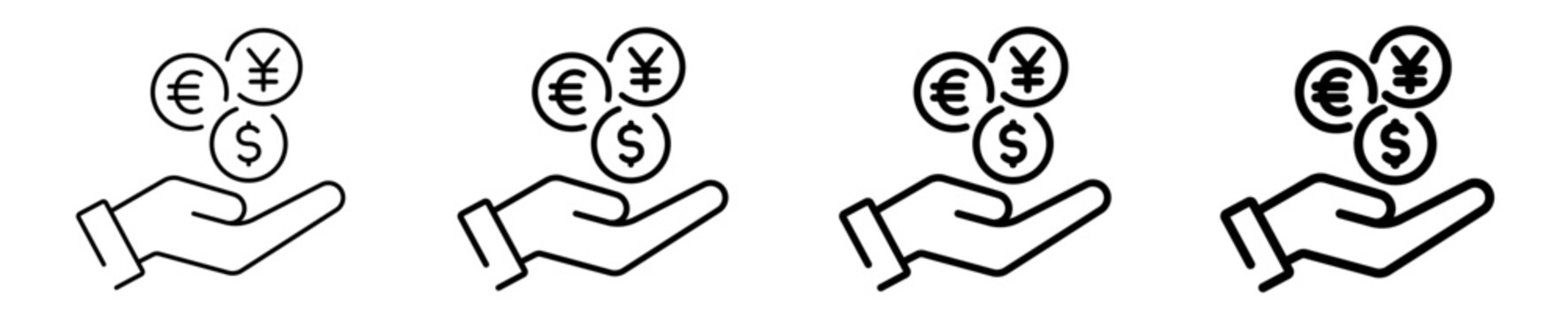 Hand holding multi-currency coins line icon set design. Editable vector stroke icon