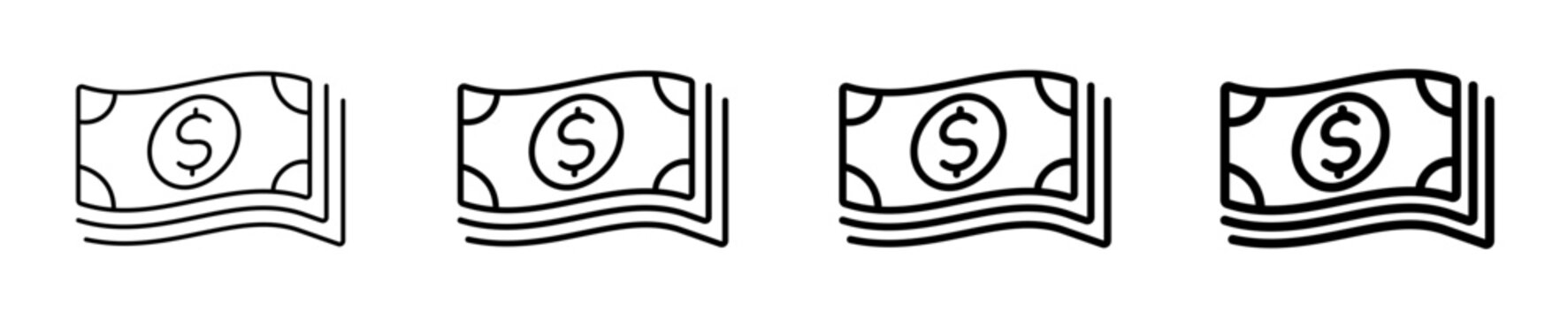 Dollar bank note cash money linear icon collection design. Editable vector stroke icons