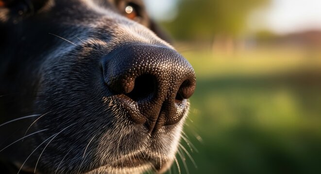 Extreme close-up of a wet dog nose. Macro view of canine snout with textured skin and whiskers. Pet animal in nature, love for domestic mammal, veterinary and biology concept.