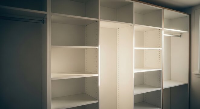 Empty white wooden wardrobe cabinet with multiple shelves and clothing rods. Modern minimalist closet interior design. Home organization and storage system for bedroom or dressing room.