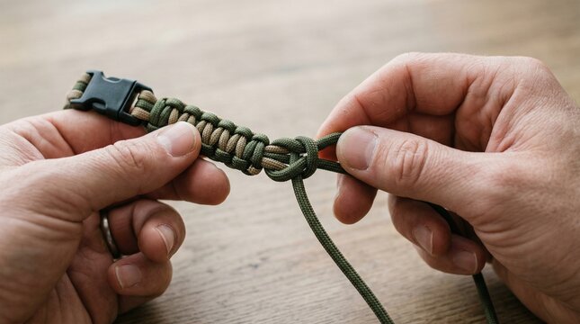Hands knotting paracord bracelet on wooden table  