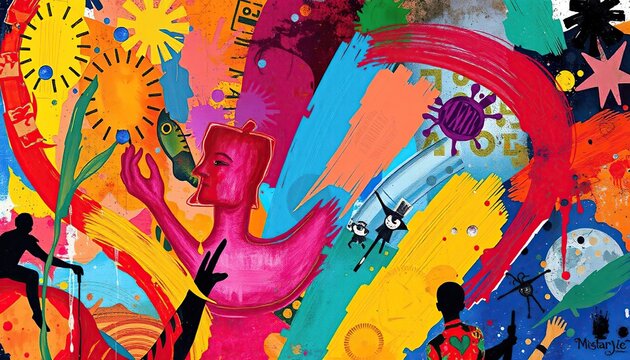Abstract artwork with vibrant colors central pink figure raising arms dynamic shapes dancing silhouettes and musical motifs celebrating creativity diversity and artistic expression