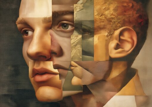 Surreal people with multiple faces and distorted anatomy, symbolic composition exploring identity, perception and social roles, contemporary digital painting, psychological concept, modern expressive 
