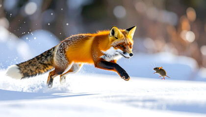 Fototapeta premium Orange fox pouncing into deep snow to catch a mouse with its fluffy white tipped tail in a natural winter setting generative AI