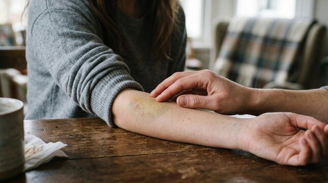 Person examining a painful bruise on a woman's arm at a wooden table