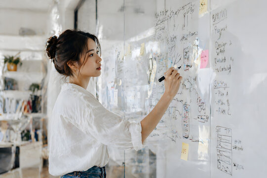 Young professional writing notes and diagrams on glass board, illustrating planning, strategy development, and creative thinking in modern workspace.
