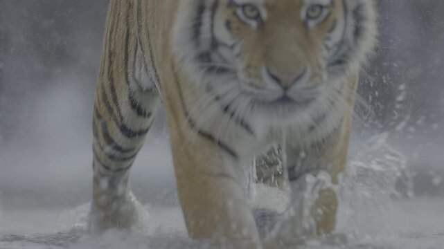 Siberian tiger running through water toward camera, low angle direct face view with splashing action in taiga wilderness
