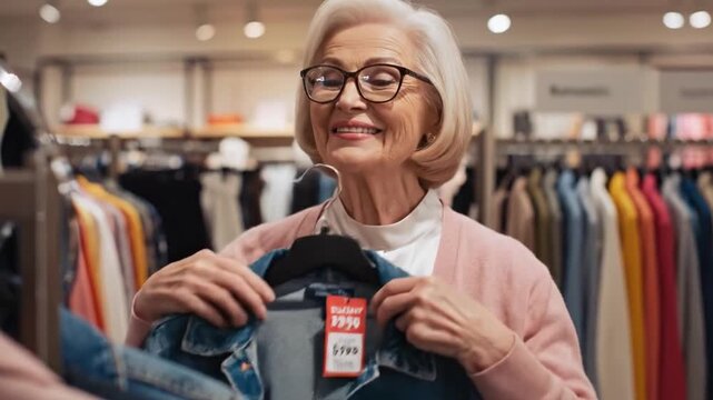 Senior White Woman Shopping Denim Jacket In Bright Boutique Smiling As She Inspects Sale Tag Wearing Glasses And Pink Cardigan Surrounded By Colorful Clothing Racks Joyful Retail Moment Trying Jacket