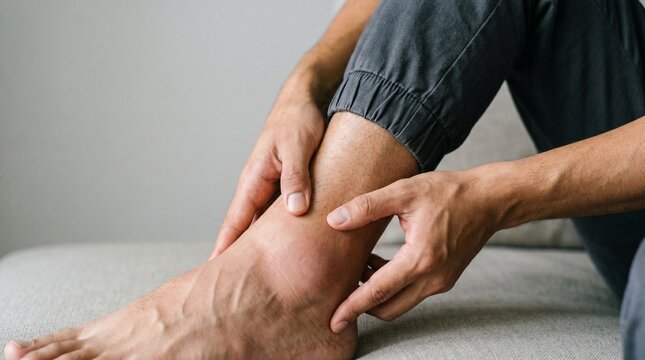 Person touching a swollen painful ankle while sitting on a couch at home
