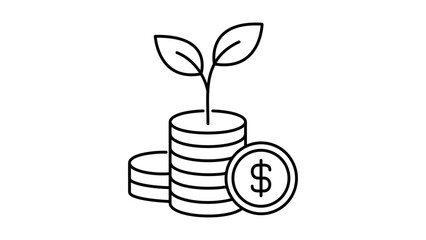 Yield Farming and Investment Growth Concept: A Minimalist Black Line Vector Icon of a Small Plant Growing from a Stack of Dollar Coins, Editable Stroke Illustration for Finance and Business ROI. © Omar