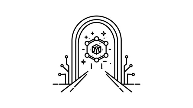 Web3 Gateway Minimalist Black Line Vector Icon on White Background. Futuristic Arc Portal with Blockchain Cube Symbol and Circuit Elements. Editable Stroke Illustration for Technology Design.