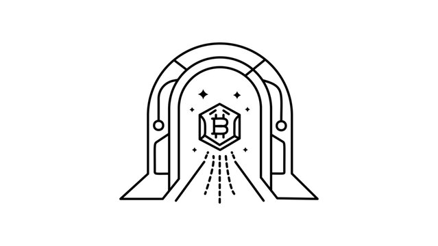 Web3 Gateway and Bitcoin Portal Vector Icon with Editable Stroke. Minimalist black line illustration of a futuristic archway representing blockchain technology, cryptocurrency, and digital finance.