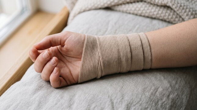 Person with an injured wrist wrapped in a beige medical compression bandage
