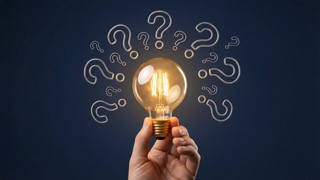Hand holding a glowing light bulb surrounded by illustrative question marks, symbolizing the eureka moment, problem-solving, and the emergence of a brilliant new idea