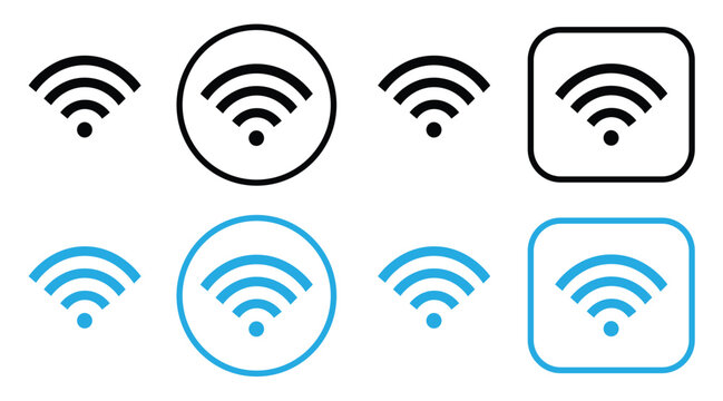 Collection of various wifi signal icons in black and blue on a white background