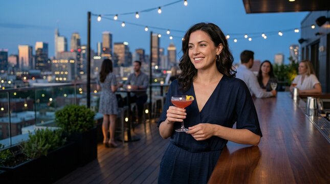 Young woman holding cocktail and smiling on rooftop bar at dusk  