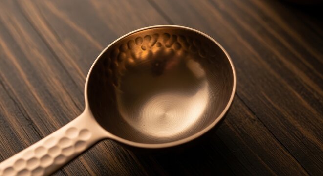 Close-up view of a brushed bronze measuring tablespoon with a hammered interior on a dark wooden surface, highlighting kitchen tool details