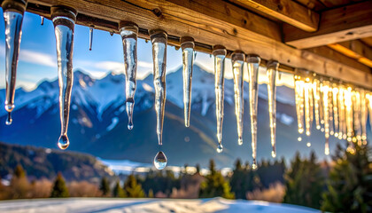 Naklejka premium Icicles hanging from a wooden roof with a single water drop reflecting the entire mountain landscape during the spring thaw generative AI