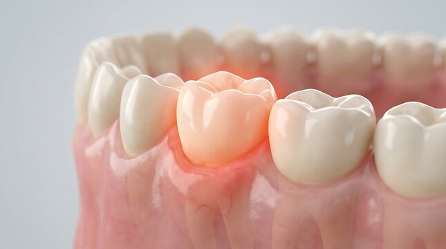 Inflamed gum surrounding a tooth, close-up 3D render