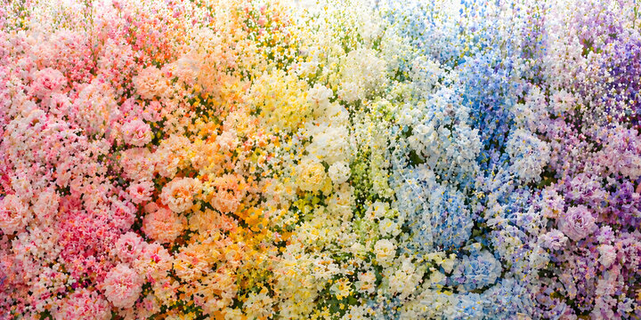 Dense arrangement of flowers in rainbow gradient colors forming vibrant background, symbolizing diversity, creativity, and natural beauty.