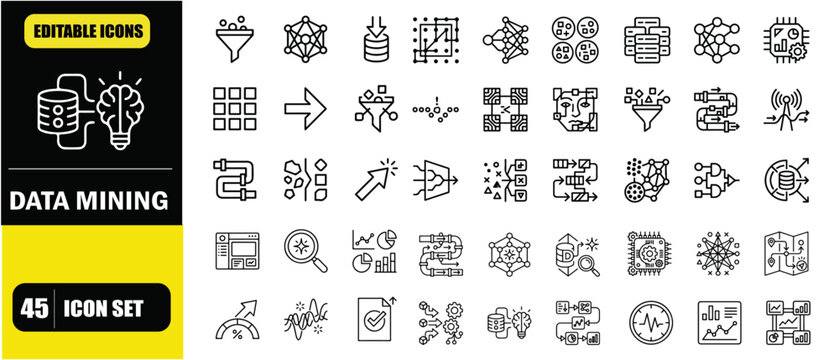 Data Mining Artificial Intelligence Icon Set &ndash; Analytics Dashboard UI, Data Extraction, Pattern Recognition, Machine Learning, Big Data Analysis and Insight Discovery Line Icons &ndash; Thin Line Editable S