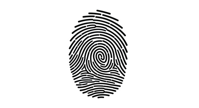 A detailed black and white illustration depicts a human fingerprint with concentric lines and unique patterns