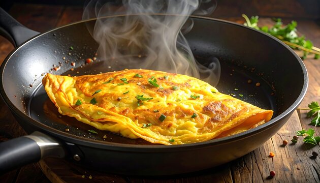 Steaming omelet in a black frying pan on wooden table