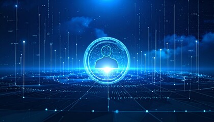 Fototapeta premium Digital avatar glows in futuristic blue network. Data streams rise around glowing circular interface