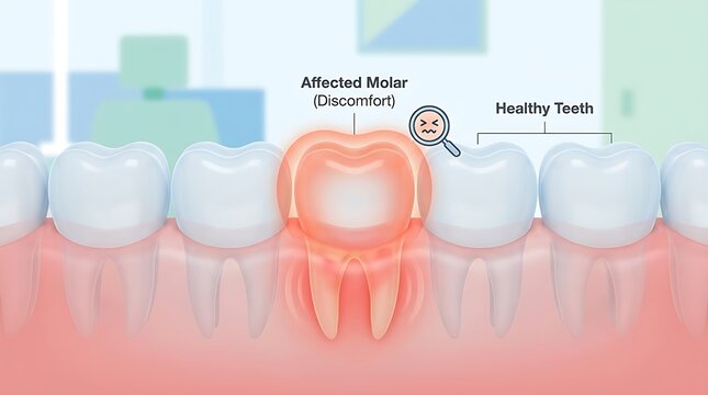 Dental diagram showing an affected molar with discomfort next to healthy teeth