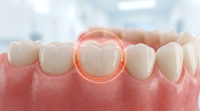 Close-up 3d render of healthy white teeth with orange glow highlighting one tooth
