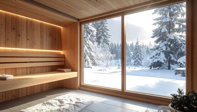 Cedar wood sauna interior featuring a large panoramic window with a view of a heavy blizzard outside creating a cozy atmosphere generative AI