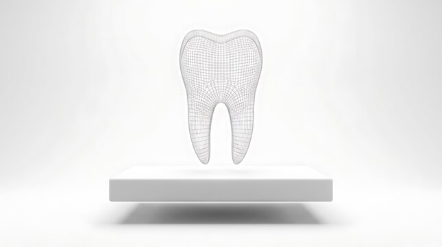 Wireframe tooth model on white pedestal