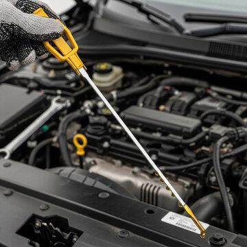 Hand holding oil dipstick above open car engine compartment  